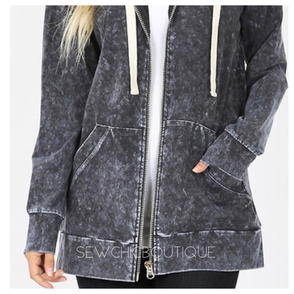 Mineral Wash Zipper Hoodie Jacket Blue Gray - Picture 2 of 4